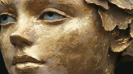 A striking close-up of a golden sculpture depicts a serene human face with expressive blue eyes and delicate leaf details, showcasing exquisite craftsmanship and beauty in art.の素材