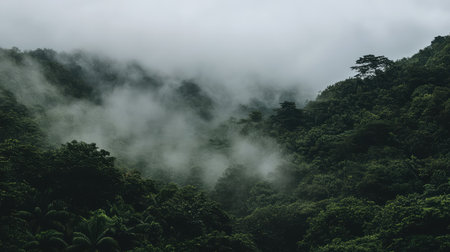 A magnificent view of a tropical forest enveloped in mist showcasing lush green foliage and a tranquil atmosphere, perfect for nature lovers and adventure seekers.の素材