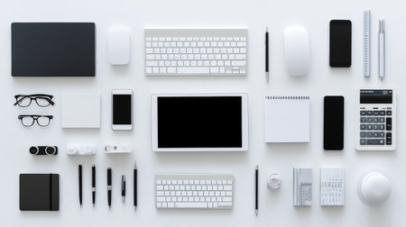 A stylish flat lay of a modern office workspace showcasing various technology and stationery items, ideal for creative and professional environments, emphasizing minimalism and organization.の素材