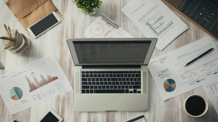A modern workspace showcasing a laptop surrounded by financial reports, charts, and office supplies, perfect for business analysis and productivity-focused projects.の素材