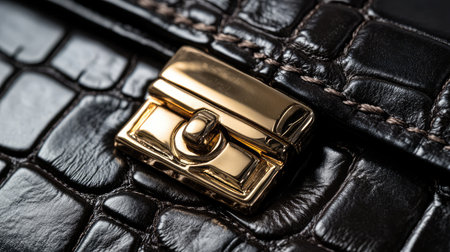 A close-up image of an elegant brown leather handbag featuring a luxurious gold clasp and distinctive crocodile texture, ideal for fashion and accessory themes.の素材
