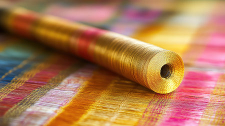 Close-up view of a golden thread spool resting on a vibrant woven fabric. This image highlights the skillful artistry and colorful textures of textile craftsmanship.の素材