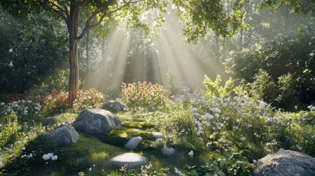 A breathtaking forest glade illuminated by sunlight filtering through the leaves above. Colorful wildflowers and lush vegetation surround smooth stones, evoking tranquility and natural beauty.の素材