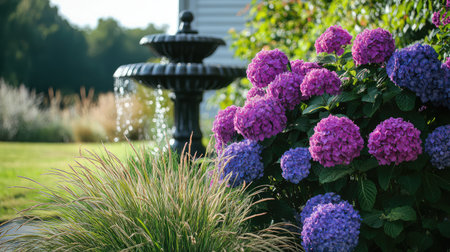 A stunning garden scene featuring vibrant purple hydrangeas blooming next to an elegant fountain, creating a peaceful atmosphere filled with natural beauty and tranquility.の素材