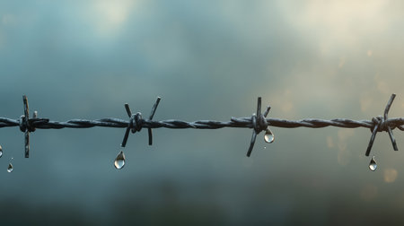 Barbed wire shows delicate dew drops hanging from its sharp edges, creating a stark yet beautiful contrast against a softly blurred, misty background.の素材