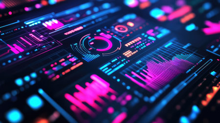Eye-catching abstract technology background featuring vibrant graphs and colorful data visualizations. Ideal for themes related to analytics and information processing in modern business.の素材