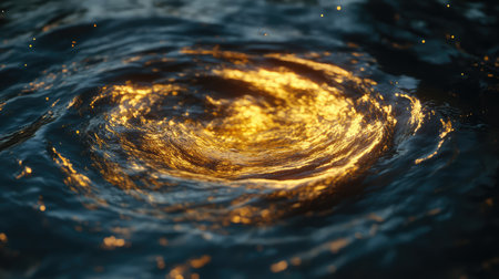 A stunning image of swirling water illuminated by golden highlights creates an enchanting atmosphere, showcasing dynamic movement and rich textures in a serene portrayal of nature.の素材