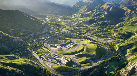Stunning aerial view of a modern racing circuit nestled in a picturesque valley, surrounded by majestic mountains and vibrant greenery, perfect for motorsport enthusiasts.の素材