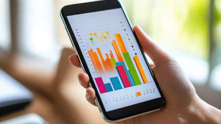 A hand is holding a smartphone showing vibrant data visualizations. The image represents the intersection of technology and business analytics, helping users monitor growth and trends.の素材