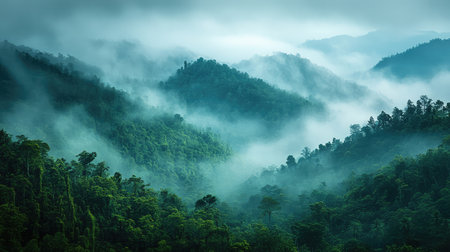 Experience the enchanting beauty of misty mountains shrouded in fog. This serene landscape captures the tranquility of nature at its finest, perfect for inspiring journeys.の素材