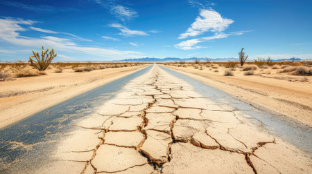 A stunning view of a cracked road winding through an arid desert landscape under a clear blue sky, showcasing the beauty of a remote and desolate environment.の素材