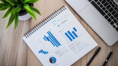 A detailed overview of business data featuring charts and graphs on a notebook, complemented by a laptop and a potted plant, designed for a modern office setting.の素材