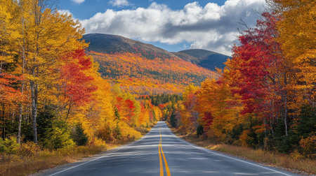 A picturesque winding road cuts through a stunning landscape of colorful autumn foliage and majestic mountains under a clear blue sky, perfect for travel enthusiasts.の素材