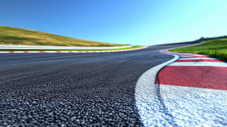 Dynamic view of a curved race track under a clear sky, showcasing the smooth asphalt surface and vibrant surrounding landscape, perfect for automotive enthusiasts and sports events.の素材