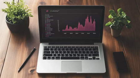 A stylish workspace featuring a laptop with a dynamic graph display, surrounded by green plants and a smartphone, perfect for illustrating business or technology themes.の素材