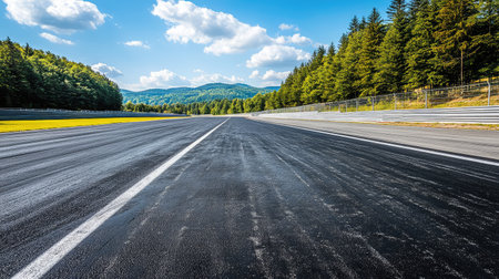 Stunning image captures an empty racing track stretching into the distance, framed by vibrant greenery and a clear blue sky with clouds, perfect for sports and adventure concepts.の素材