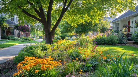 A picturesque suburban scene features a blooming garden pathway surrounded by vibrant flowers and lush greenery, creating a serene and inviting atmosphere favored by nature enthusiasts.の素材