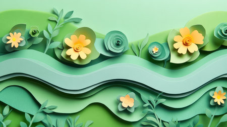 A vibrant and artistic representation of colorful paper flowers and leaves set against a soft green backdrop, ideal for spring-themed projects and creative inspiration.の素材
