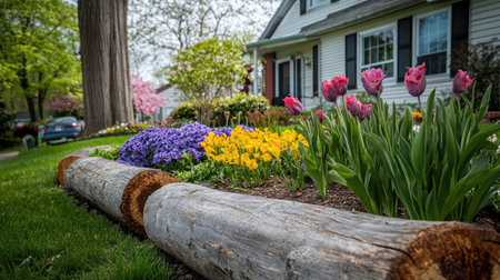 A beautiful spring flower bed showcases colorful tulips and daffodils, framed by lush green grass and rustic wooden logs, creating a charming front yard scene.の素材