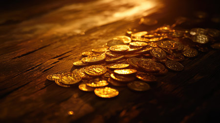 A captivating scene featuring a pile of gold coins resting on a rustic wooden surface, warmly illuminated, perfect for illustrating themes of wealth, opportunity, and prosperity in creative projects.の素材