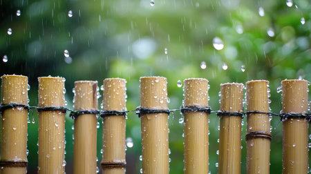 A close-up view of a bamboo fence adorned with glistening raindrops, set in a lush garden. The scene evokes tranquility and captures the beauty of nature during a gentle rainfall.の素材