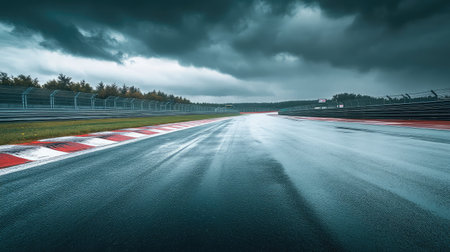 A captivating view of a wet race track under dark stormy clouds, showcasing reflections on the asphalt, an ideal scene for motorsport lovers and weather photography.の素材