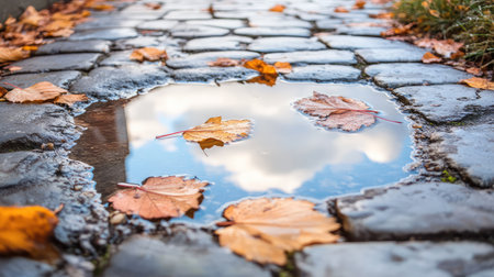 A serene autumn scene showing colorful leaves floating in a puddle on a cobblestone path, with gentle reflections of clouds, capturing the essence of seasonal beauty in nature.の素材