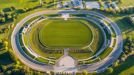 Captivating aerial perspective of a modern oval racing track nestled in a lush green landscape, offering an inviting space for various sports and outdoor activities during a sunny day.の素材