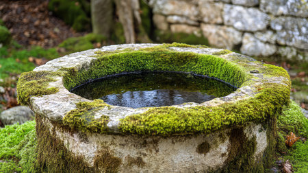 A picturesque stone well covered in vibrant moss, nestled in a lush natural environment, creating a serene atmosphere ideal for peaceful and rustic settings.の素材