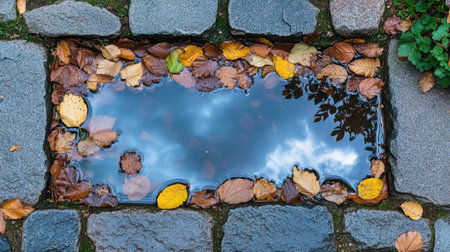 Beautiful still water reflecting the sky surrounded by autumn leaves and cobblestones creates a serene outdoor atmosphere perfect for nature enthusiasts.の素材