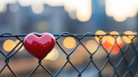 A vibrant red heart rests on a chain link fence against a backdrop of blurred city lights, capturing the essence of love and connection in a bustling urban environment.の素材