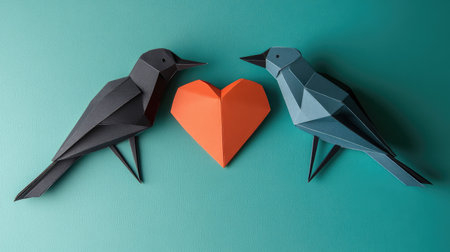 Two intricately crafted origami birds sit beside an orange heart on a turquoise background, beautifully illustrating themes of love, connection, and artistic expression.の素材