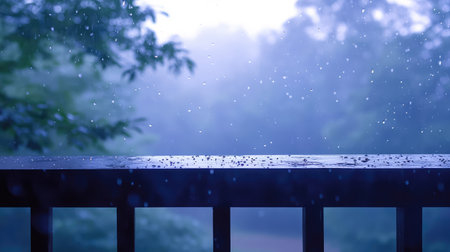 A serene scene of raindrops falling on a wooden deck with a blurred green landscape in the background, evoking feelings of peace and connection with nature.の素材