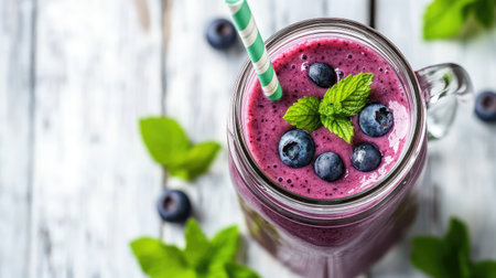 A delightful blueberry smoothie presented in a glass mason jar, topped with fresh mint and ripe berries, perfect for a healthy breakfast or refreshing snack.の素材