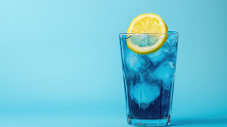 A vibrant blue drink served in a clear glass with ice and a lemon wedge, creating a refreshing image suitable for summer, gatherings, or beverage menus.の素材