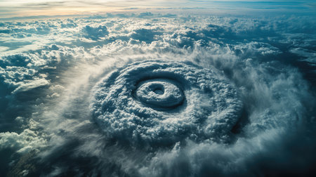 Stunning aerial view of a swirling cloud formation over the ocean, revealing natureの素材
