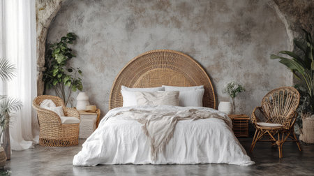 A beautifully arranged bedroom featuring rattan decor, a serene color palette, and natural elements, creating a cozy and inviting space perfect for relaxation and modern living.の素材