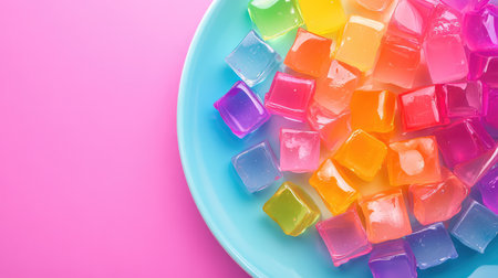 A vibrant display of colorful jelly cubes on a blue plate set against a bright pink background, perfect for adding a playful touch to party or dessert themes.の素材
