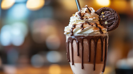 A delicious chocolate milkshake topped with whipped cream and a cookie, perfect for a cozy cafe setting, offering a rich and indulgent treat.の素材