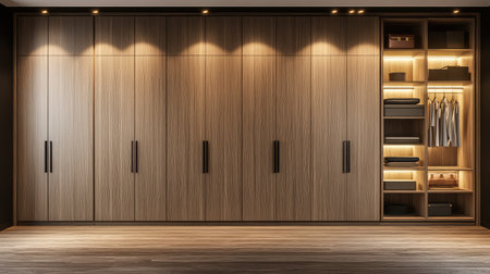 A sleek wooden wardrobe features ample storage with neat shelving and soft lighting, creating a warm and organized atmosphere ideal for modern living spaces.の素材