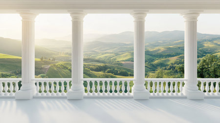 Discover a peaceful scene featuring a classic colonnade that frames a breathtaking landscape of rolling hills and lush greenery, ideal for relaxation and contemplation.の素材