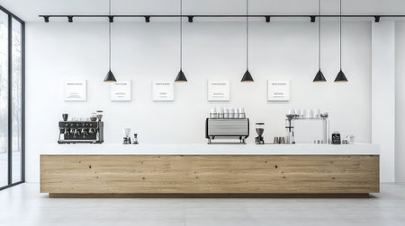 Experience a chic coffee shop interior showcasing a sleek wooden bar counter, modern espresso machine, and stylish decor bathed in bright natural light, creating a minimalist atmosphere.の素材