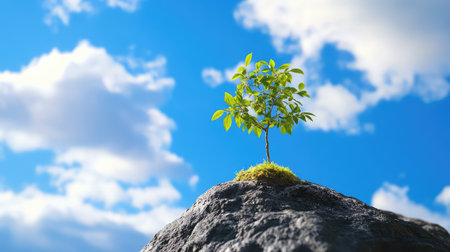 A solitary sapling stands strong on a rock under a bright blue sky, illustrating determination and the beauty of life in challenging environments amid nature's splendor.の素材