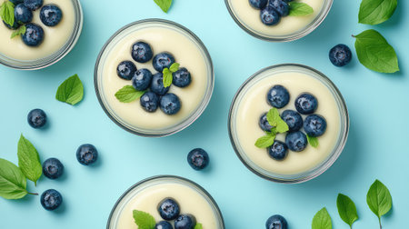 Delight in a fresh, creamy blueberry dessert served in elegant cups, garnished with mint leaves. This vibrant presentation is ideal for summer gatherings and culinary delights.の素材