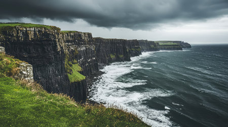 Explore the captivating beauty of rugged cliffs met by crashing waves under a stormy sky, showcasing nature's raw power and serene landscapes in a wild coastal environment.の素材