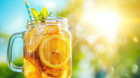 A refreshing citrus beverage featuring a beautiful blend of lemon slices and mint, served in a glass jar, perfect for summer enjoyment in sunny outdoor settings.の素材