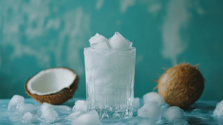 A refreshing coconut drink served in a glass filled with ice cubes, complemented by fresh coconut shells. Perfect for summer hydration and tropical vibes.の素材