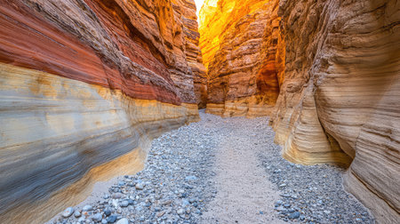 Explore a stunning canyon showcasing vibrant red and yellow hues, with a rocky path winding through its depths under warm golden light, perfect for nature lovers.の素材