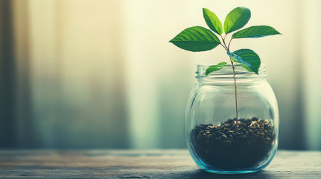 A fresh green plant emerges from a glass jar filled with soil, symbolizing growth and environmental awareness in a serene indoor setting. Perfect for nature themes.の素材