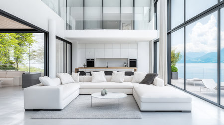 Elegant living room featuring a white sofa and large windows showcasing a breathtaking lake view, designed for comfort, relaxation, and modern aesthetic vibes.の素材